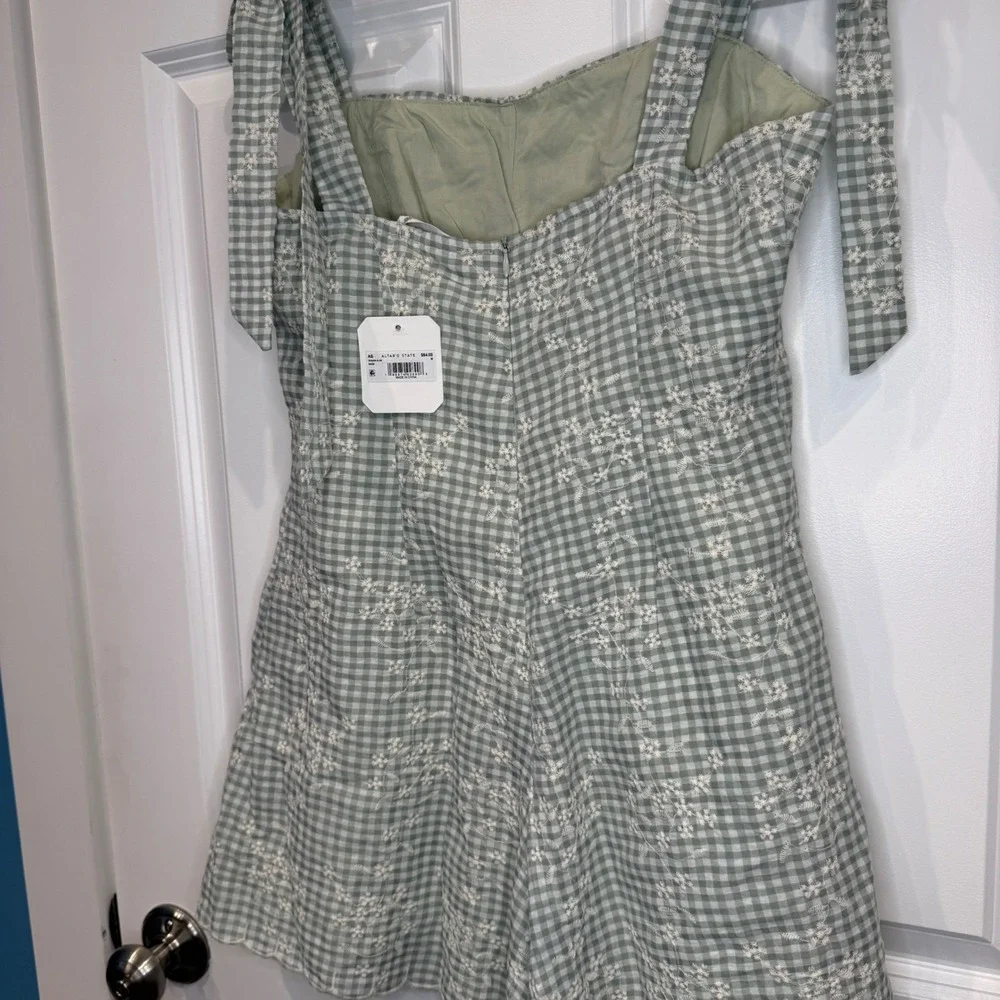 Altar'd State Size Medium Sage Green Gingham Floral Embroidered Tie Strap Romper - Picture 8 of 9